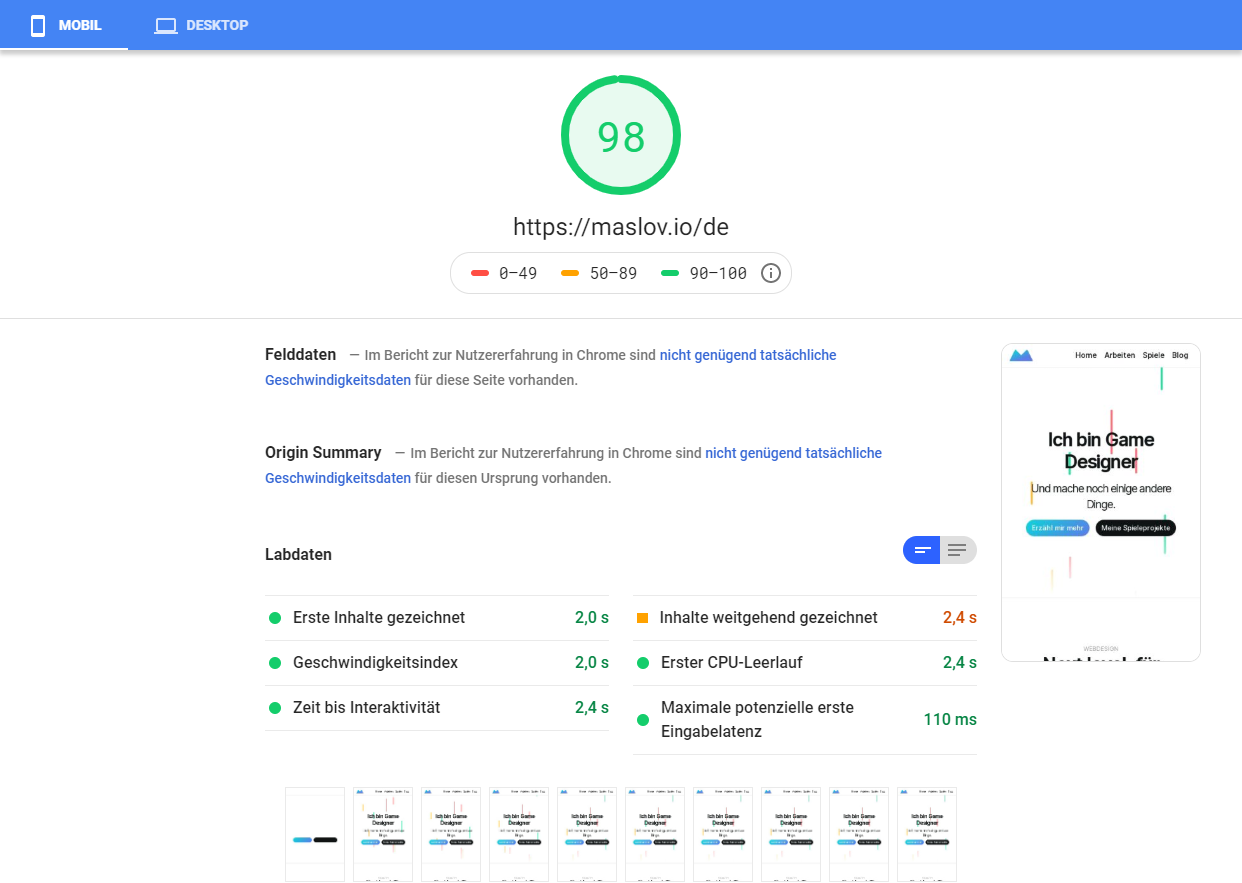 Google PageSpeed Insights score page for mobile devices with 98% score