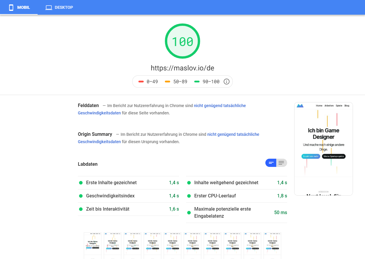 Google PageSpeed Insights score page for mobile devices with 100% score